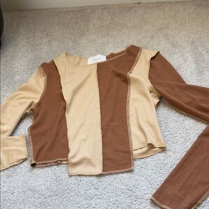 Blush Two-Tone Patchwork Long Sleeve Top in Tan and Brown
